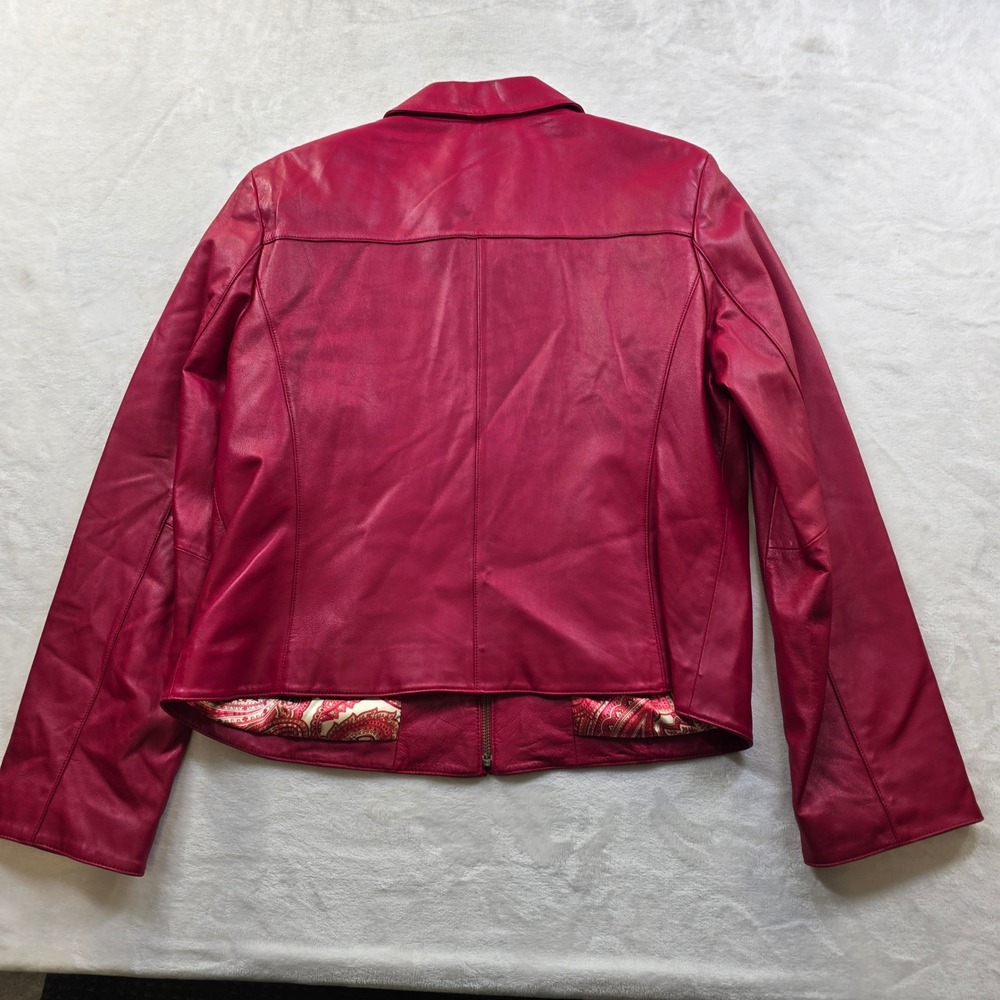 Liz Claiborne Leather‎ Jacket Women 16 Red Pink Paisley Lined Zip Front Coat - Picture 3 of 12